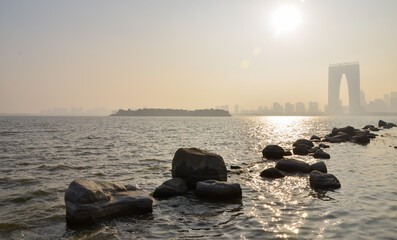 View of the Oriental Arc on horizon in hazy day. Suzhou, China.