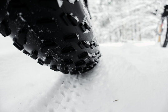 Studded bicycle tire with snow.
Fat bike winter tire with spikes close-up shallow depth of field. 