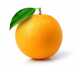 orange fruit with leaf on white