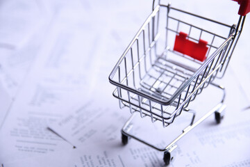 Checks from purchases from shops and shopping cart. Close up