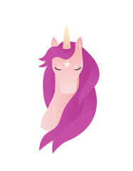 Beautiful portrait of a unicorn with a pink mane. Horse head with closed eyes, vector illustration.