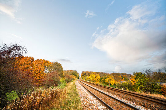 Railraod tracks in the fall on a bright day