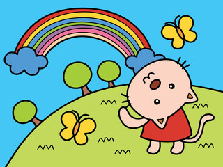 Cat have fun under rainbow