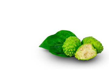 Noni fruit with leaf isolated on white background with clipping  path