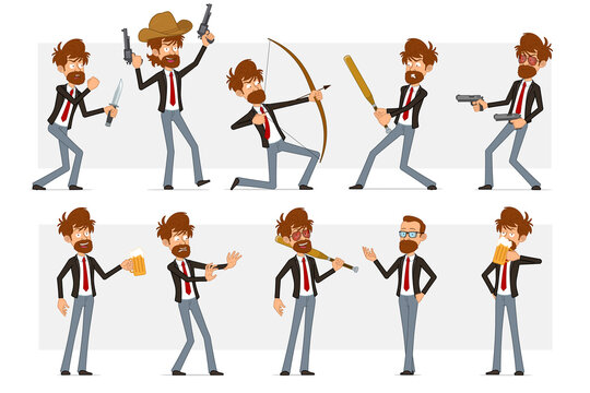 Cartoon flat funny bearded businessman character in black suit and red tie. Boy drinking beer, shooting from pistol and bow. Ready for animation. Isolated on gray background. Vector set.