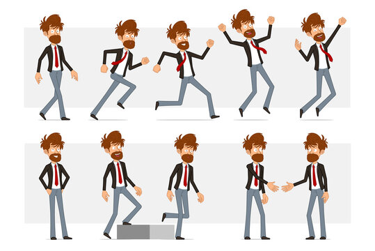 Cartoon flat funny bearded businessman character in black suit and red tie. Boy shaking hands, running and walking up to his goal. Ready for animation. Isolated on gray background. Vector set.