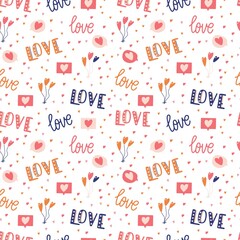 Seamless pattern with big collection of love objects and symbols for Happy Valentine's day. Colorful flat illustration.