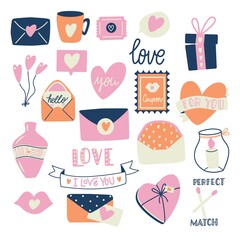 Big collection of love objects and symbols for Happy Valentine's day. Colorful flat illustration.