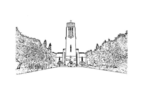 Building view with landmark of 
Dawei is the 
city in Myanmar. Hand drawn sketch illustration in vector.