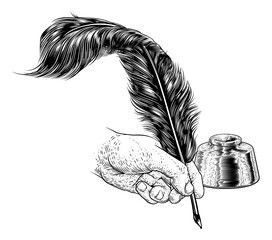 A hand holding or writing with a quill feather antique pen with ink well. In a retro vintage engraved or etched woodcut print style.