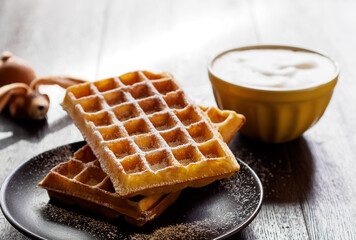 close up of waffle on plate