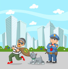 The watchdog is biting a sack of the money from the thief in the city