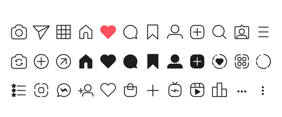 Social networking icon set. Like, comment, send, saved, statistics and other icon. Outline and black vector illustration - obrazy, fototapety, plakaty