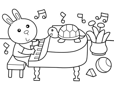 Rabbit play piano with his friend, turtle without color for color book