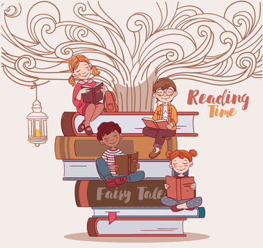 Cute kids reading books. Back to school vector concept 