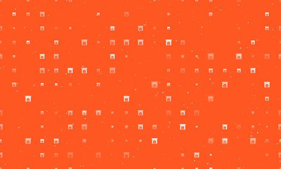 Seamless background pattern of evenly spaced white christmas fireplace symbols of different sizes and opacity. Vector illustration on deep orange background with stars