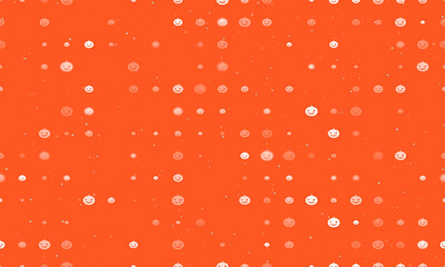 Seamless background pattern of evenly spaced white halloween pumpkin symbols of different sizes and opacity. Vector illustration on deep orange background with stars