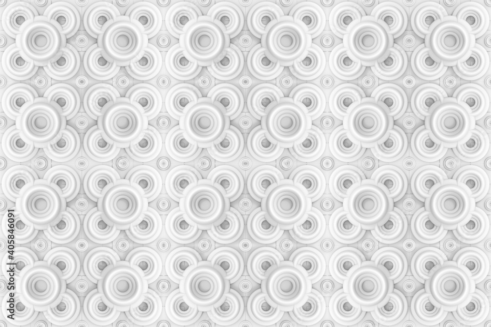 Poster 3d rendering. seamless white round circular flower shape pattern design wall background.