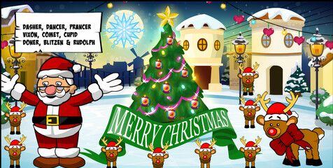 Christmas illustration with santa and tree