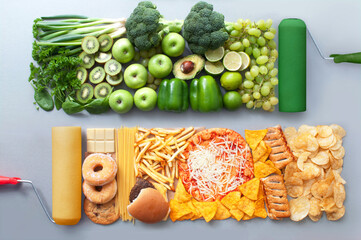 Healthy green food versus unhealthy beige food brush stroke concept