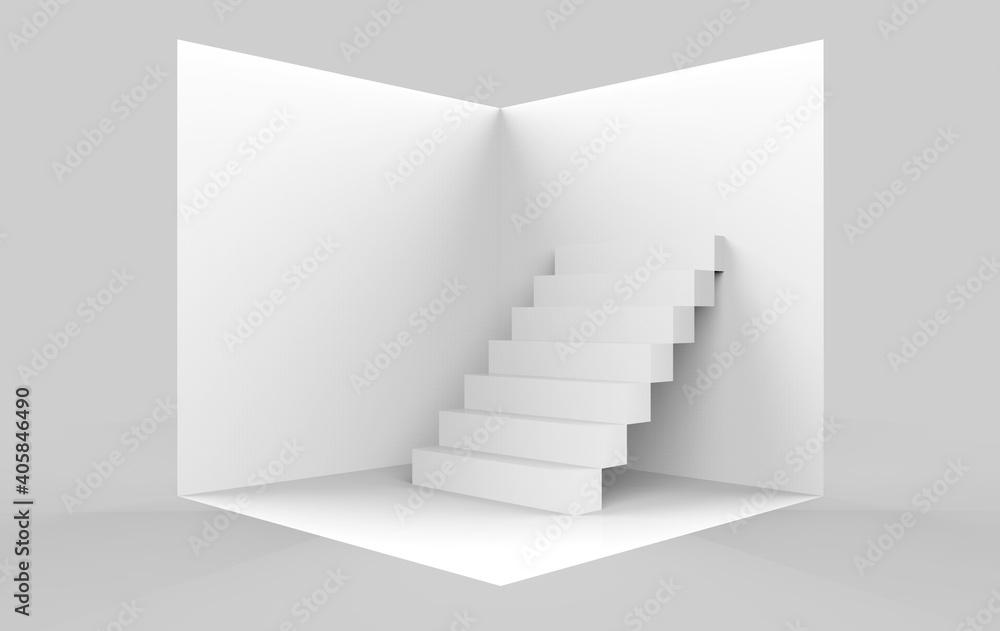 Poster 3d rendering. simple empty white staircase on cube box model on gray background.