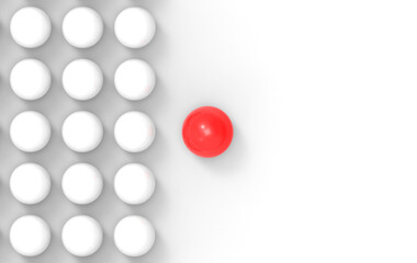 3d rendering. A Red leadership one separate form other white sphere balls.