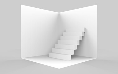 3d rendering. simple empty white staircase on cube box model on gray background.