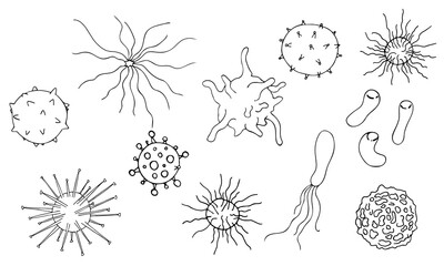 set of doodle images of viruses and bacteria. Collection of vector illustrations isolated on white background.