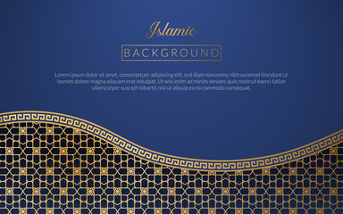 Background islamic arabic culture golden art deco template , frame decoration islam background ornament template gold , business blue background gradient