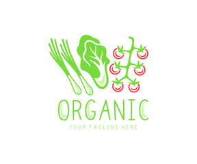 Organic vegetables, organic food, garden produce, eating and dieting, logo design. Meal, tomato, lettuce salad, green onion, farmer market and raw vegetables, vector design and illustration