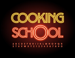 Vector professional logo Cooking School. Glowing Red Font. Neon Alphabet Letters and Numbers set