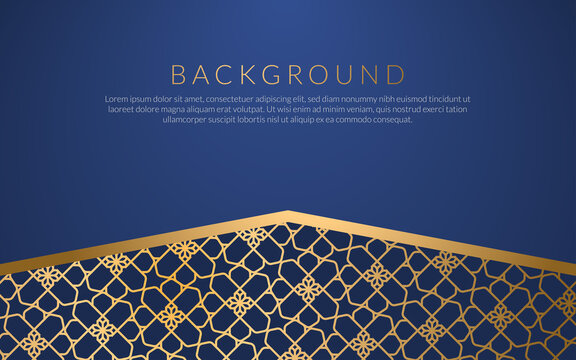 Background islamic arabic culture golden art deco template , frame decoration islam background ornament template gold , business blue background gradient