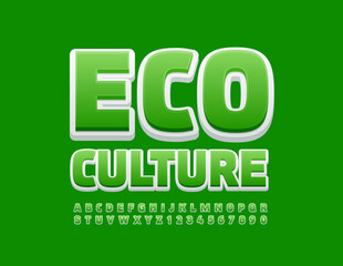 Vector green poster Eco Culture. Modern Uppercase Font. Trendy Alphabet Letters and Numbers set