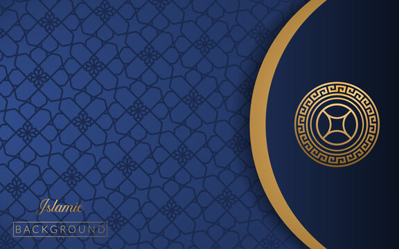 Background islamic arabic culture golden art deco template , frame decoration islam background ornament template gold , business blue background gradient