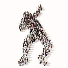 Concept or conceptual large community of people forming the image of a weight throwing athlete on white background. A 3d illustration metaphor for training, competition, sport, power and strenght