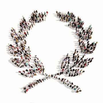 Concept  conceptual large community of people forming an laurel wreaths image on white background. A 3d illustration metaphor for victory, winning, success, achievement, triumph, celebration or royal