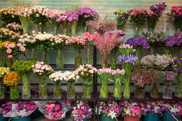 Fototapeta na wymiar Flower shop, various flowers in vases