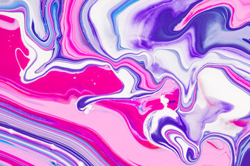 Fluid art texture. Background with abstract mixing paint effect. Liquid acrylic artwork with flows and splashes. Mixed paints for interior poster. Blue, pink and white overflowing colors