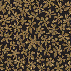 Floral seamless pattern from s mall golden beads, bugle, rhinestones, tinsel, sequins. Gold flowers with metallic texture on a black background