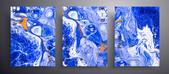 Abstract liquid banner, fluid art vector texture pack.Artistic background that applicable for design cover, poster, brochure and etc. Blue, orange and white unusual creative surface template