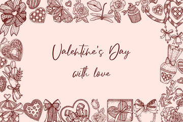 Holiday vector hand draw frame for Valentine's day. Cute romantic doodle illustration. Vintage design. For for packaging, wedding, birthday, Valentine's Day, Mother's Day