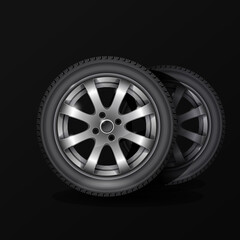 Tire fitting service poster, car wheel tyre with alloy wheel rim on black background, vector