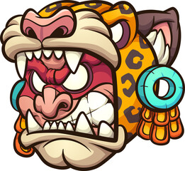 Aztec Jaguar warrior with angry face cartoon. Vector clip art illustration with simple gradients. All on a single layer.  © Memoangeles