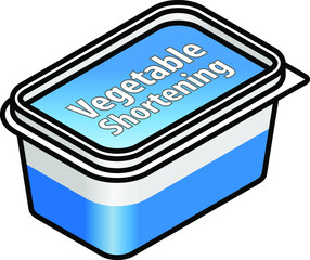 A plastic tub of vegetable shortening for deep frying and baking.