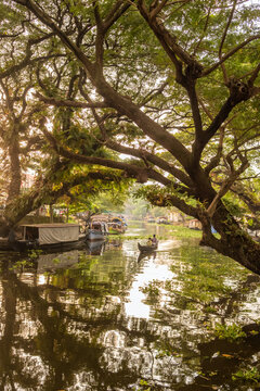 Small wooden boat floating through the beautiful backwaters at sunset in Alleppey, Kerala, India