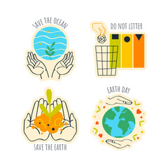 A set of stickers about environmental protection. Vector illustration.