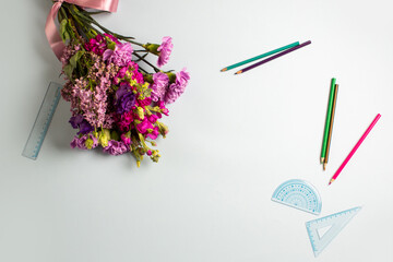 Back to school flower bouquet and pencils and protractor