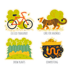 A set of stickers about environmental protection. Vector illustration.