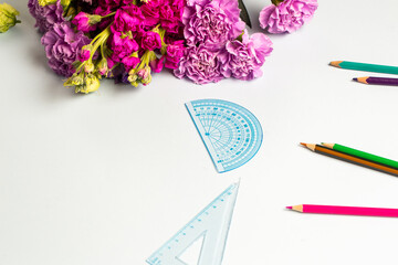 Back to school flower bouquet and pencils and protractor