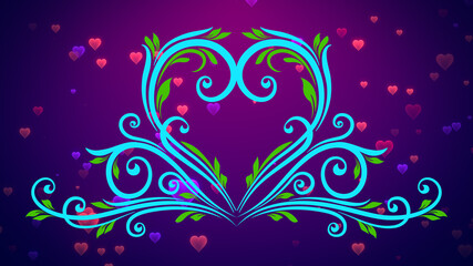 Abstract Romantic Color Curly Heart Vine Flourish Swirls And Leaves With Shine Glow Sparkle Heart Particles Background